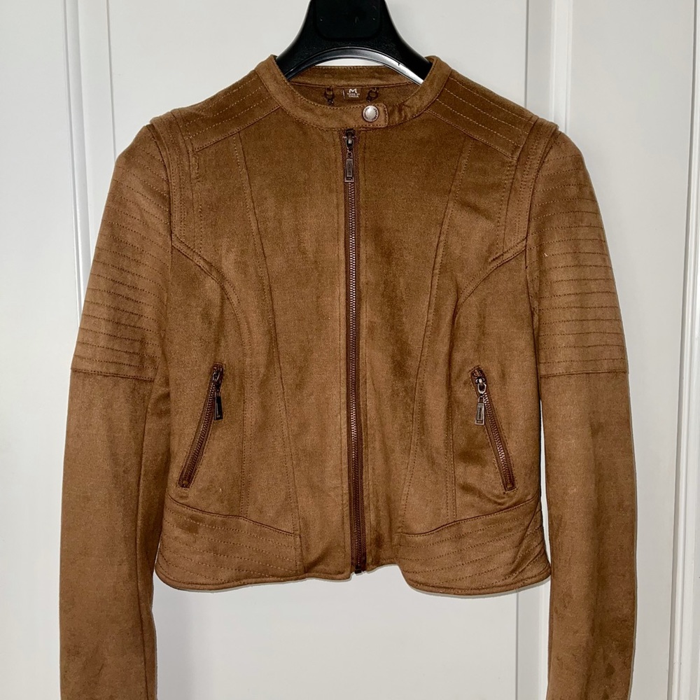 Faux suede brown moto motorcycle style jacket